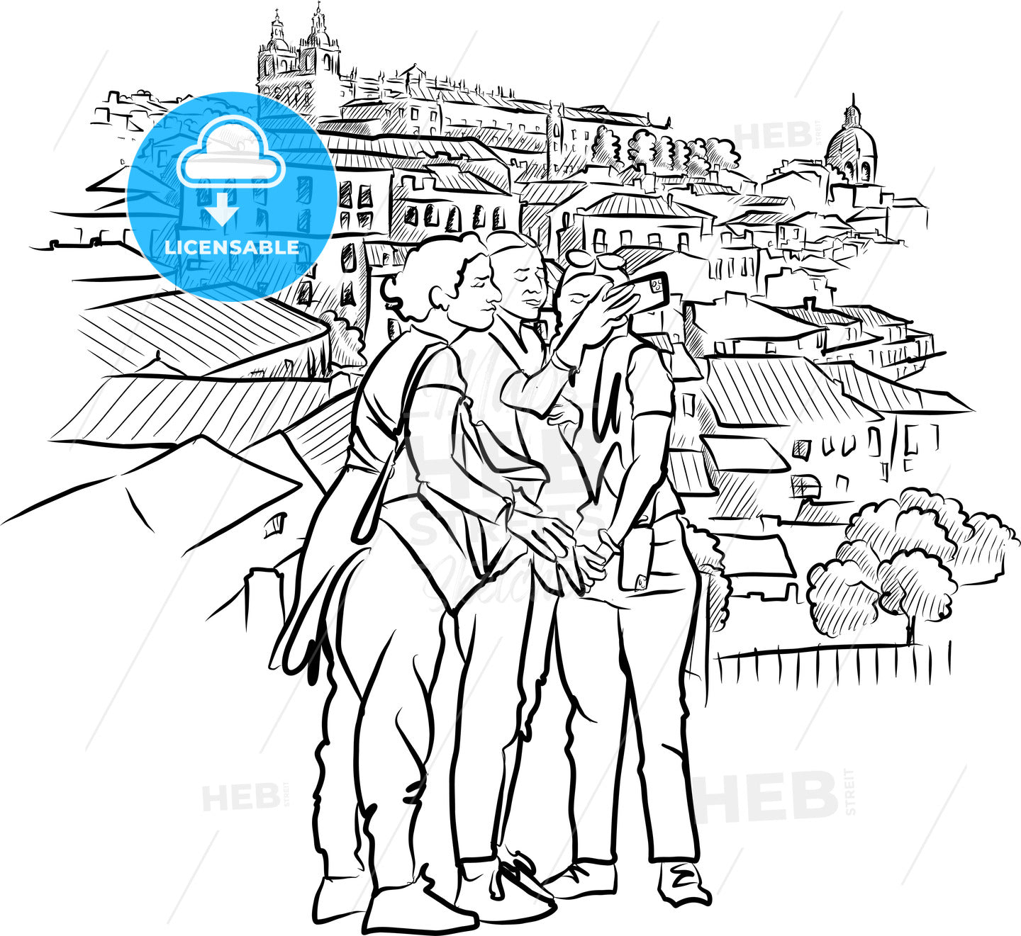 Tourists In Lisbon Drawing