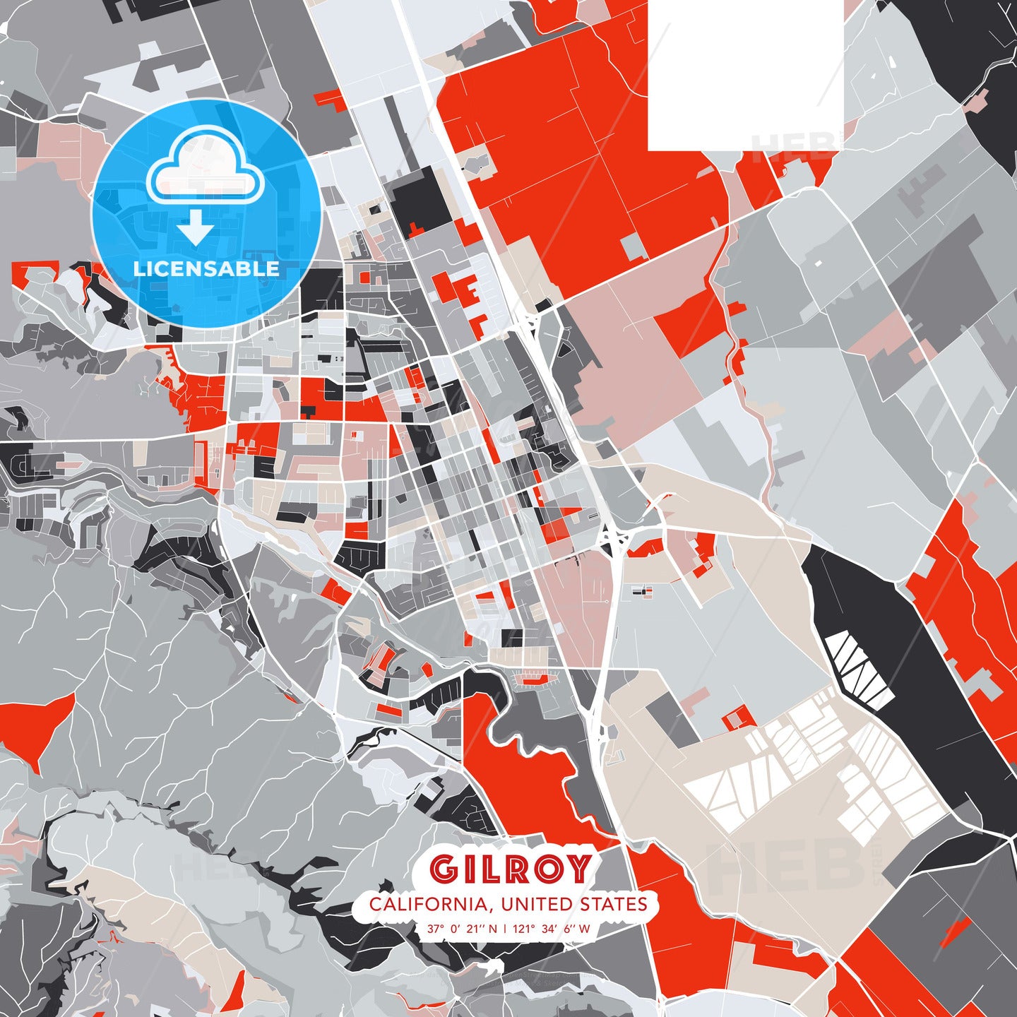 Gilroy, California, United States - modern street map poster 