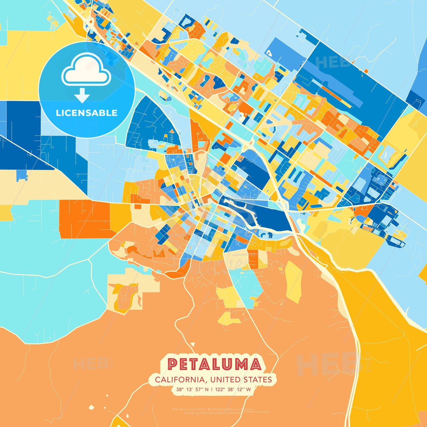 Petaluma, California, United States blue and orange vector art map 