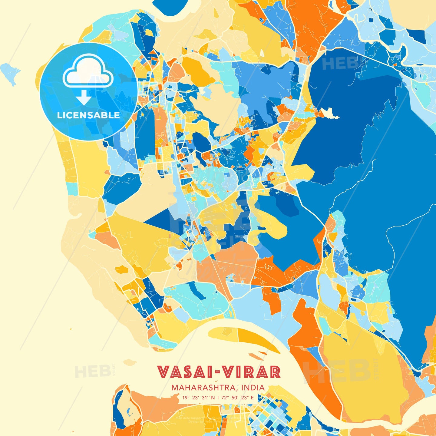 Vasai-Virar, Maharashtra, India blue and orange vector art map template -  HEBSTREITS