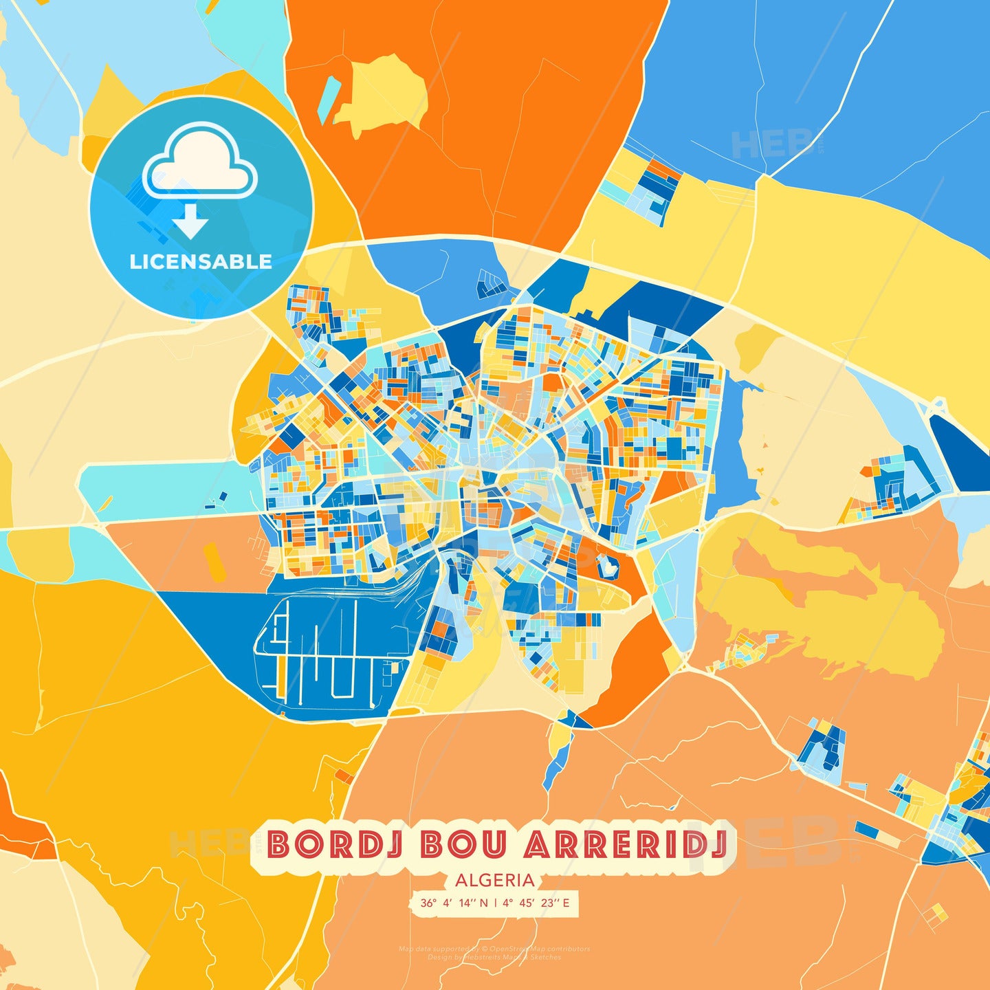 Bordj Bou Arreridj, Algeria blue and orange vector art map template
