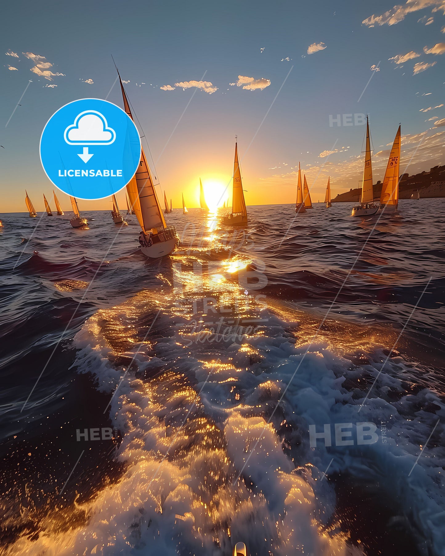 Vibrant seascape painting. Panoramic view sailboat race. Group of sailboats on the water. The point of view of the camera inside one of the boats.