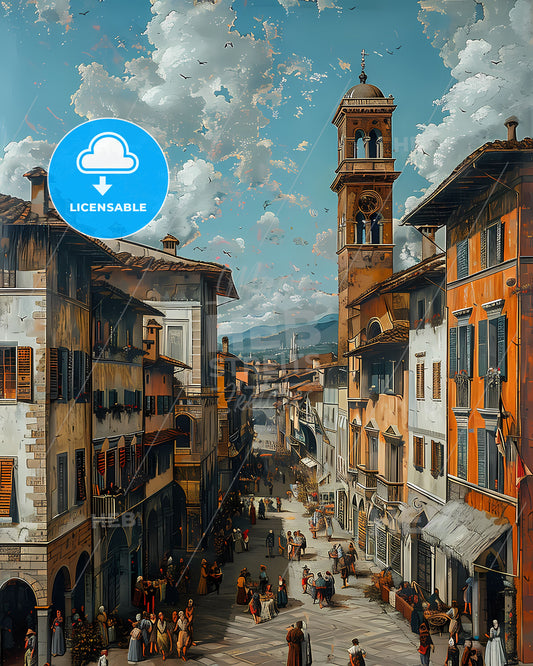 Vibrant 14th Century Italian Florence Street Scene Depicting Market Life