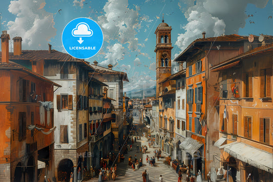 Vibrant 14th Century Italian Cityscape: Florence Street People and Market