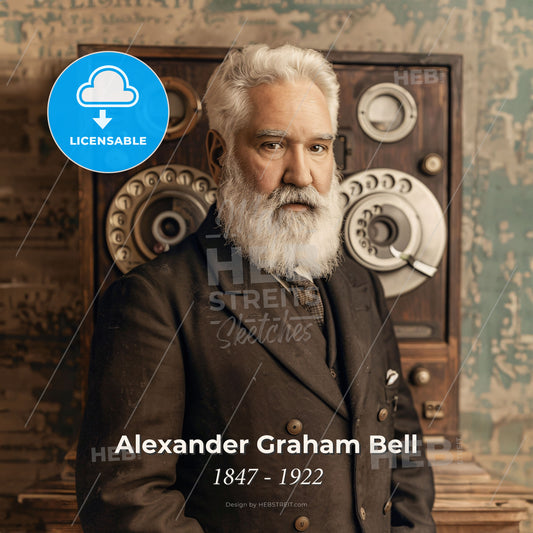 Alexander Graham Bell, 1847 - 1922, Scottish-American inventor - A Man With A Beard Standing In Front Of An Old Radio Print Template