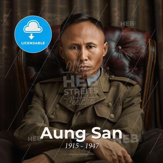 Aung San, 1915 - 1947, Burmese independence leader - A Man In A Military Uniform Sitting In A Chair Print Template
