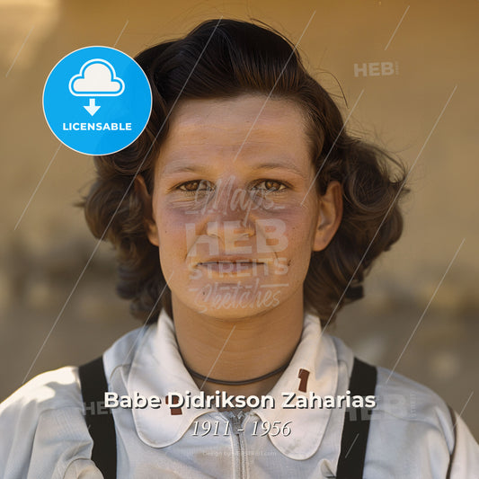 Babe Didrikson Zaharias, 1911 - 1956, American athlete - A Woman With Dark Hair Wearing A White Shirt And Suspenders Print Template