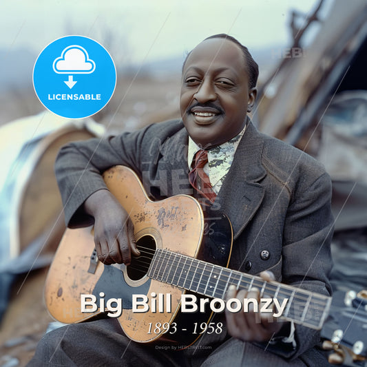 Big Bill Broonzy, 1893 - 1958, American blues singer and guitarist - A Man Sitting In Front Of A Tent Playing A Guitar Print Template