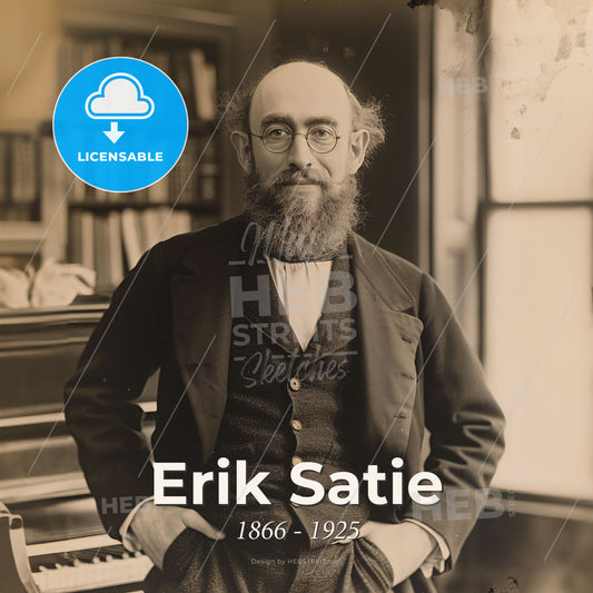 Erik Satie, 1866 - 1925, French composer and pianist - A Man With A Beard And Mustache Standing In Front Of A Piano Print Template