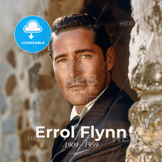 Errol Flynn, 1909 - 1959, Australian-American actor - A Man In A Suit Leaning Against A Stone Wall Print Template