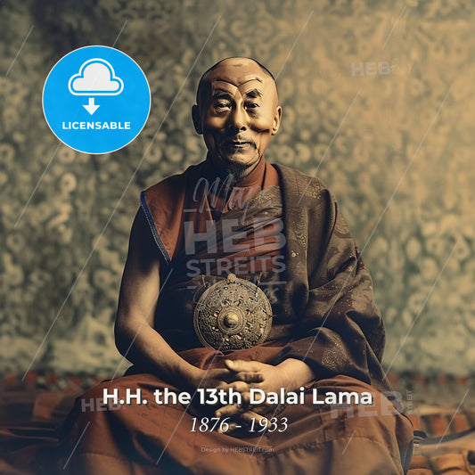 H.H. the 13th Dalai Lama, 1876 - 1933, Tibetan spiritual leader - A Man In A Robe With A Round Object On His Lap Print Template