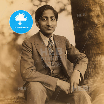Jiddu Krishnamurti, 1895 - 1986, Indian spiritual teacher - A Man Sitting On A Tree Trunk