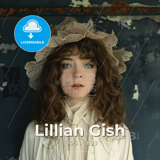 Lillian Gish, 1893 - 1993, American actress - A Woman With Curly Hair Wearing A White Shirt And Lace Hat Print Template