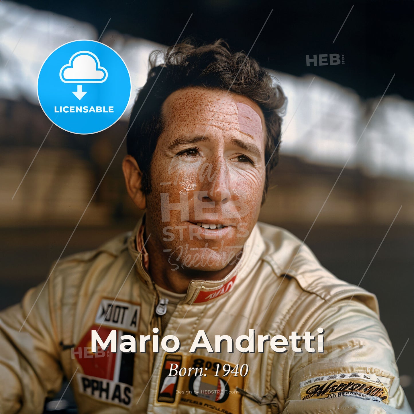 Mario Andretti, Born: 1940, American racing driver - A Man In A Gold Jacket Print Template