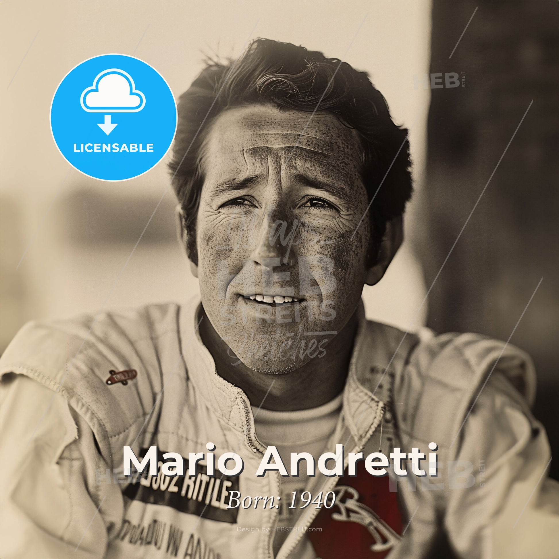 Mario Andretti, Born: 1940, American racing driver - A Man In A White Jacket Print Template