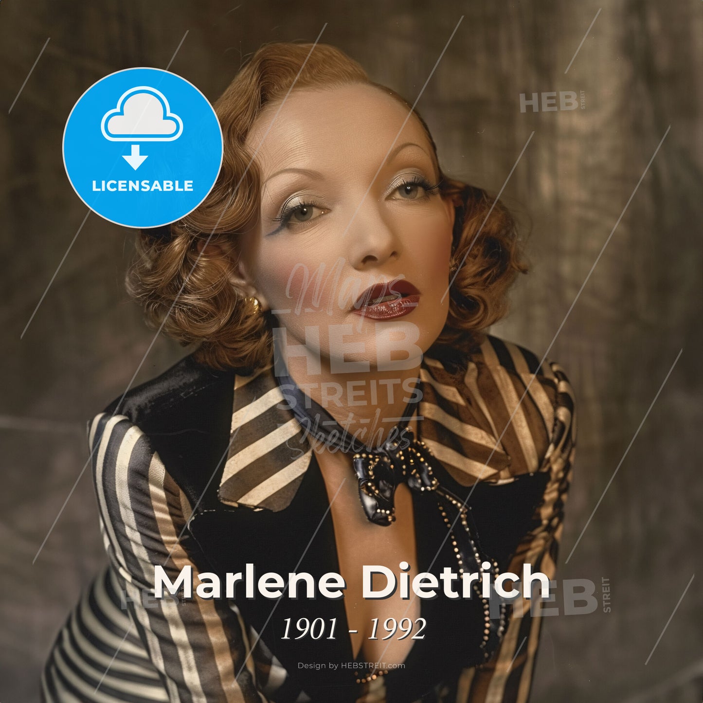 Marlene Dietrich, 1901 - 1992, German-American actress - A Woman With Red Hair And A Black And White Striped Jacket Print Template