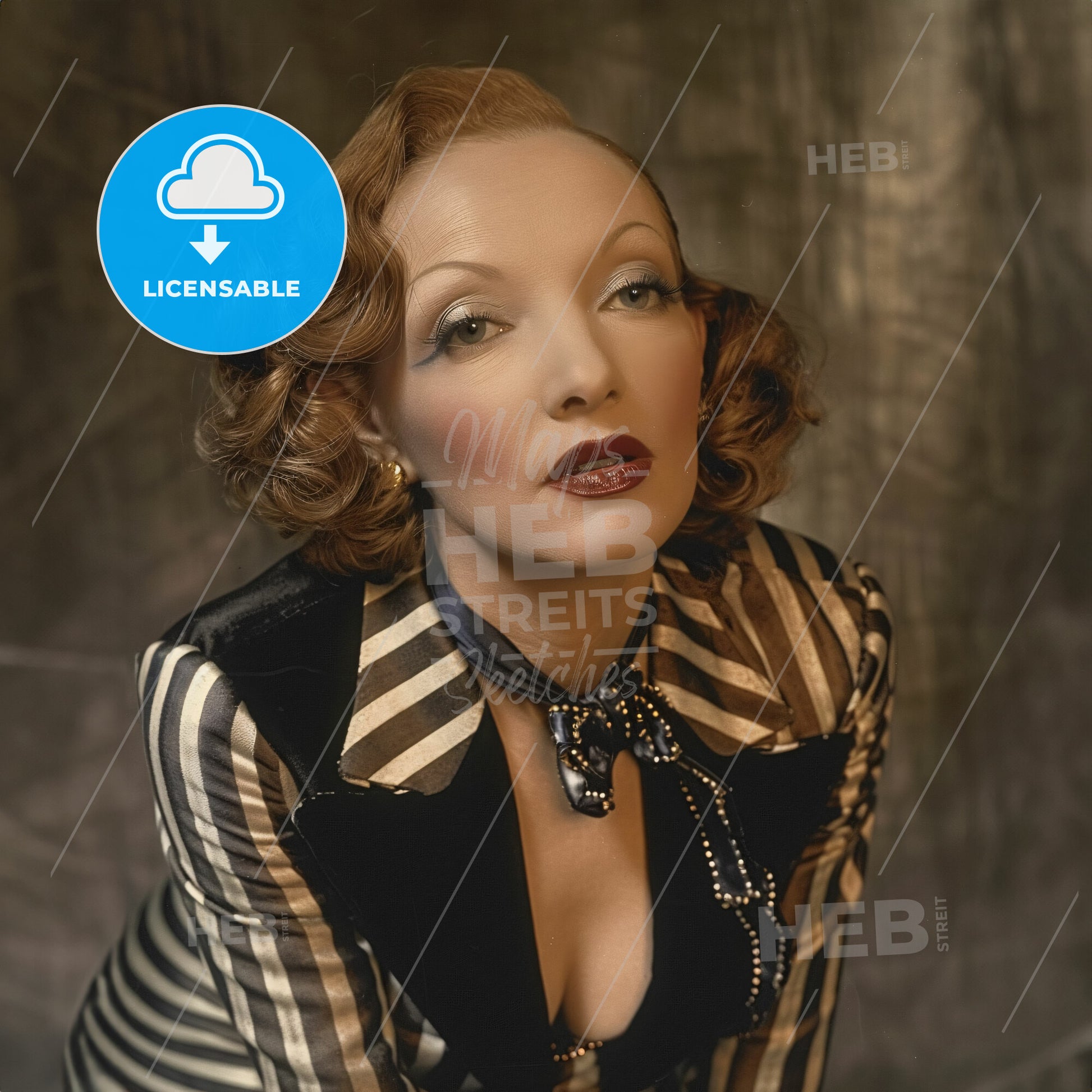 Marlene Dietrich, 1901 - 1992, German-American actress - A Woman With Red Hair And A Black And White Striped Jacket