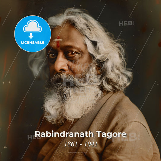 Rabindranath Tagore, 1861 - 1941, Indian poet - A Man With A White Beard And A Red Dot On His Forehead Print Template