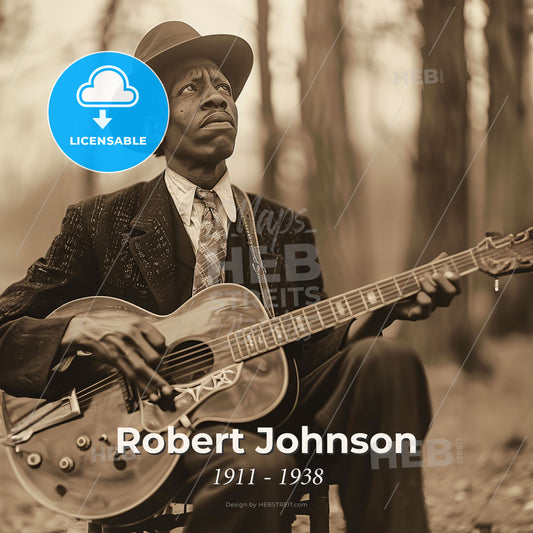 Robert Johnson, 1911 - 1938, American blues guitarist - A Man Sitting In A Chair Playing A Guitar Print Template