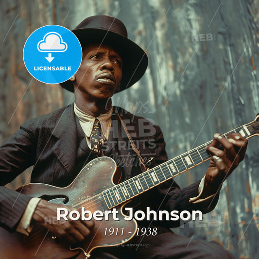 Robert Johnson, 1911 - 1938, American blues guitarist - A Man In A Hat Playing A Guitar Print Template