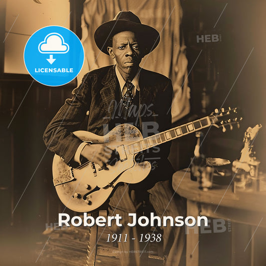 Robert Johnson, 1911 - 1938, American blues guitarist - A Man In A Hat Playing A Guitar Print Template