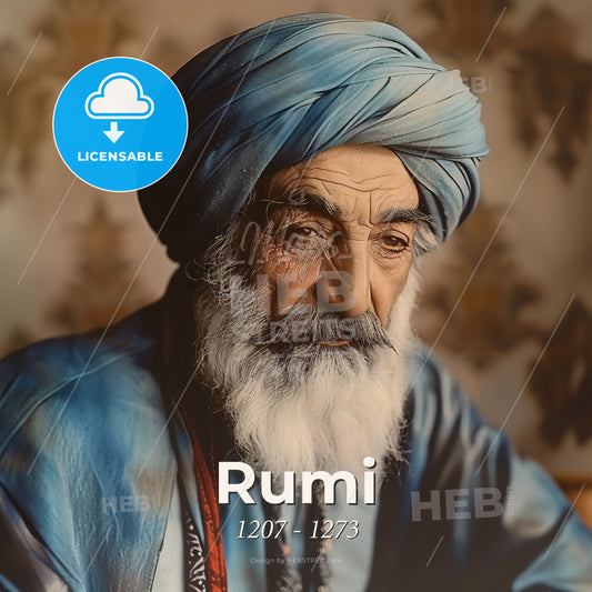 Rumi, 1207 - 1273, Persian poet and Sufi mystic - A Man With A White Beard And Blue Turban Print Template
