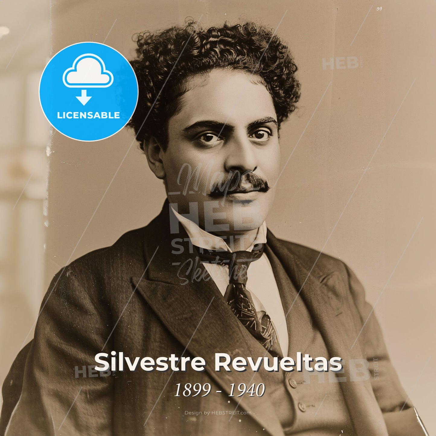Silvestre Revueltas, 1899 - 1940, Mexican composer - A Man With Curly Hair And A Mustache Print Template