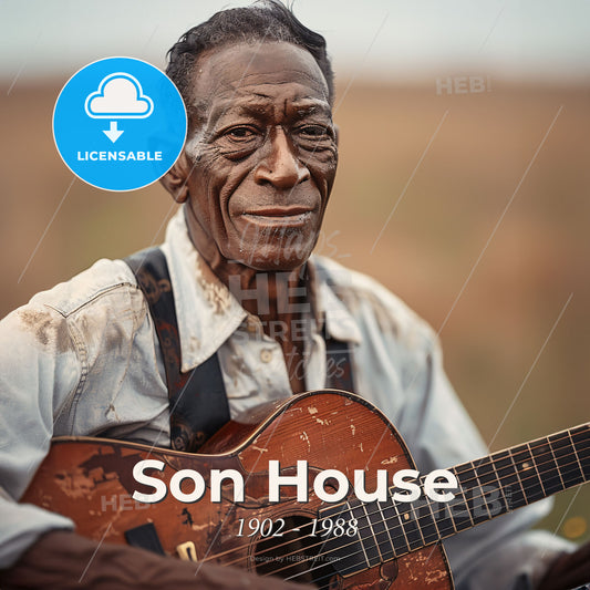 Son House, 1902 - 1988, American blues singer and guitarist - A Man Holding A Guitar Print Template