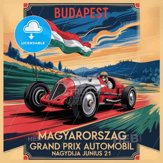 1936 Vintage Budapest Grand Prix Art Deco Racing Car Poster - Rare Collectible