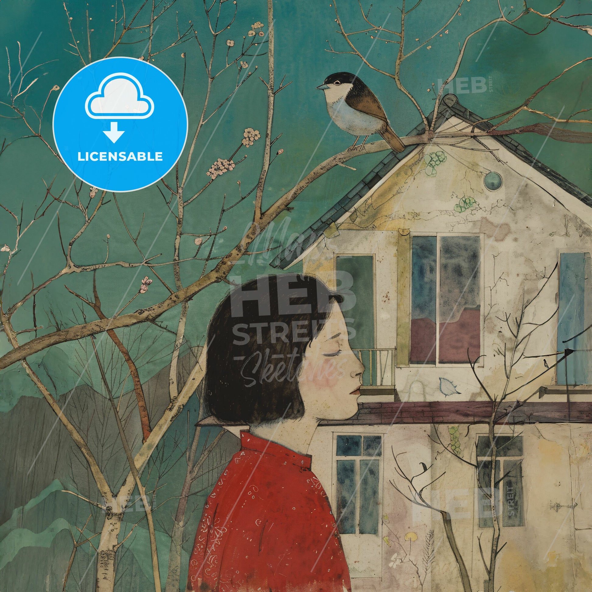 A Painting Of A Woman In Front Of A House