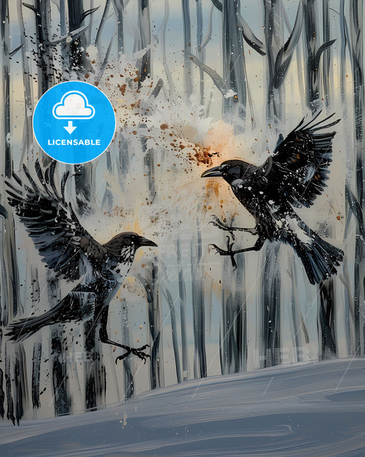 Colorful painting of 2 crows fighting in the snow, digital art, stock image, high resolution