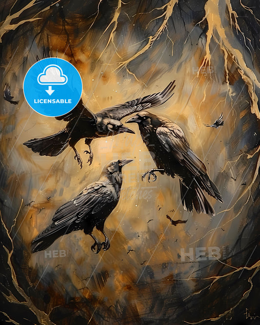 Artful Depiction of Birds in Flight: Vibrant Painting of Crows Battling Mid-Air