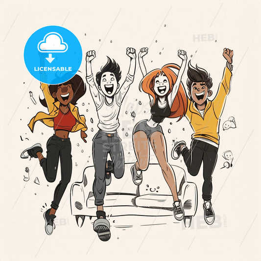 2d, simple line illustrations - A group of people jumping in the air