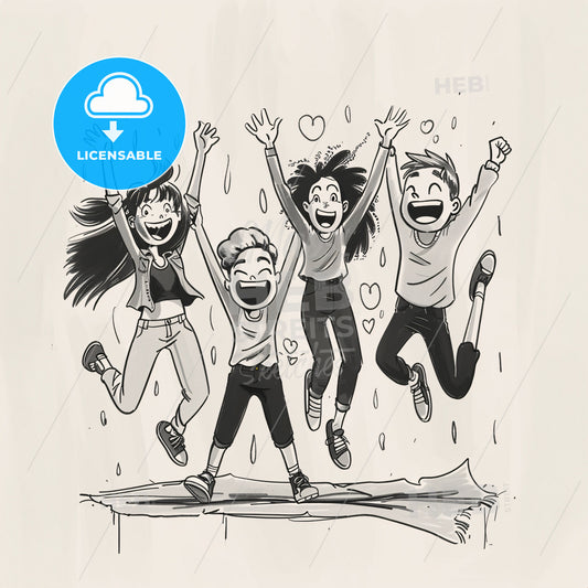 2d, simple line illustrations - A group of people jumping in the air