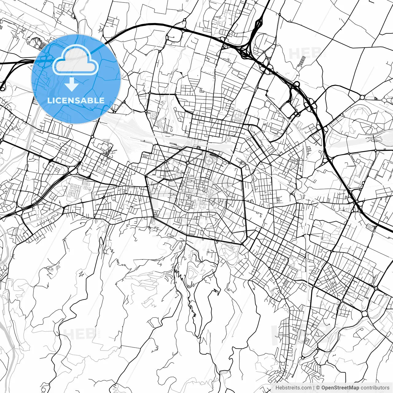 Bologna, Emilia-Romagna, downtown map, light