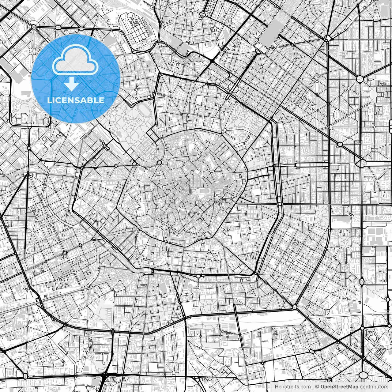 Downtown map of Milan, light