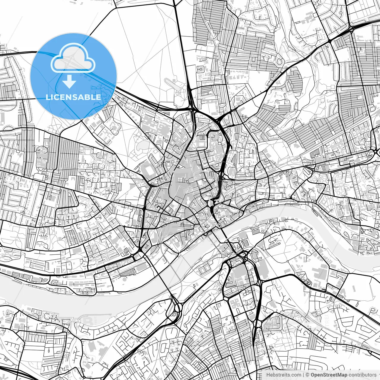 Downtown map of Newcastle upon Tyne, light