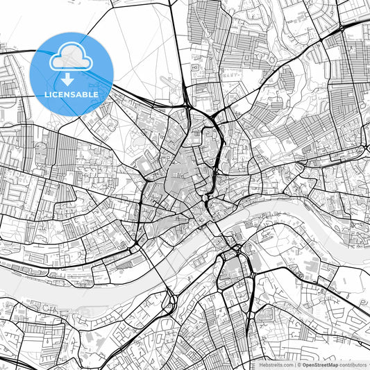 Downtown map of Newcastle upon Tyne, light