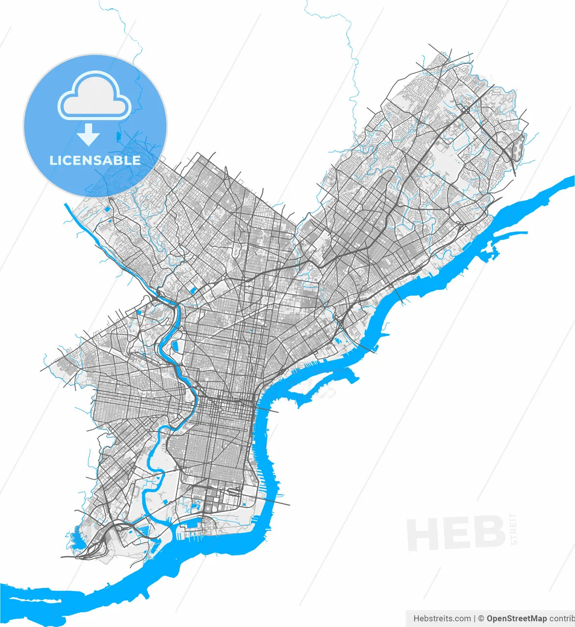 Philadelphia, Pennsylvania, United States, high resolution vector map - Instant download PDF and JPG