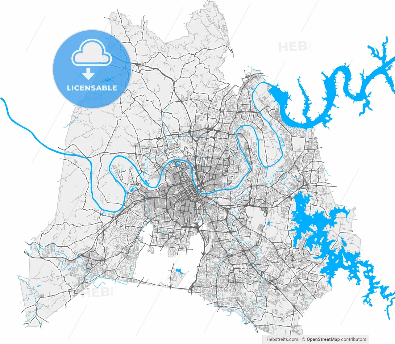 Nashville, Tennessee, United States, high resolution vector map - Instant download PDF and JPG
