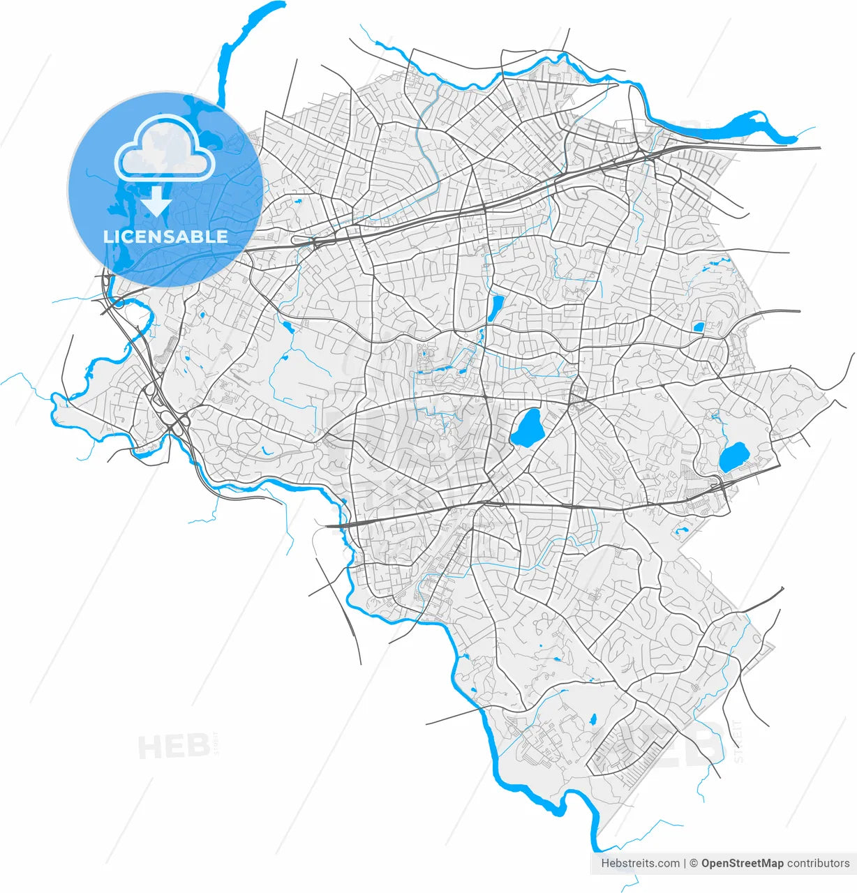 Newton, Massachusetts, United States, high resolution vector map - Instant download PDF and JPG