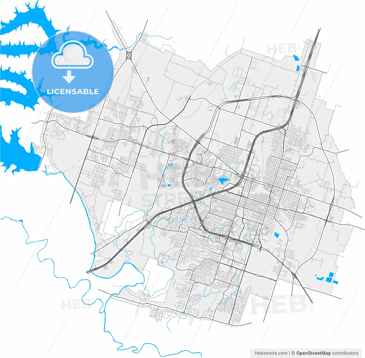 Temple, Texas, United States, high resolution vector map - Instant download PDF and JPG
