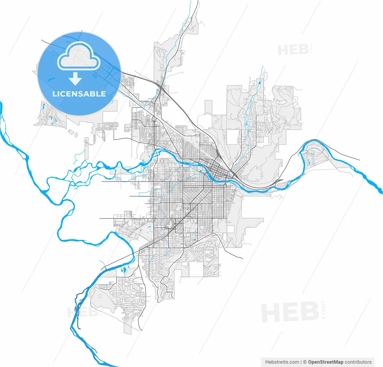 Missoula, Montana, United States, high resolution vector map - Instant download PDF and JPG