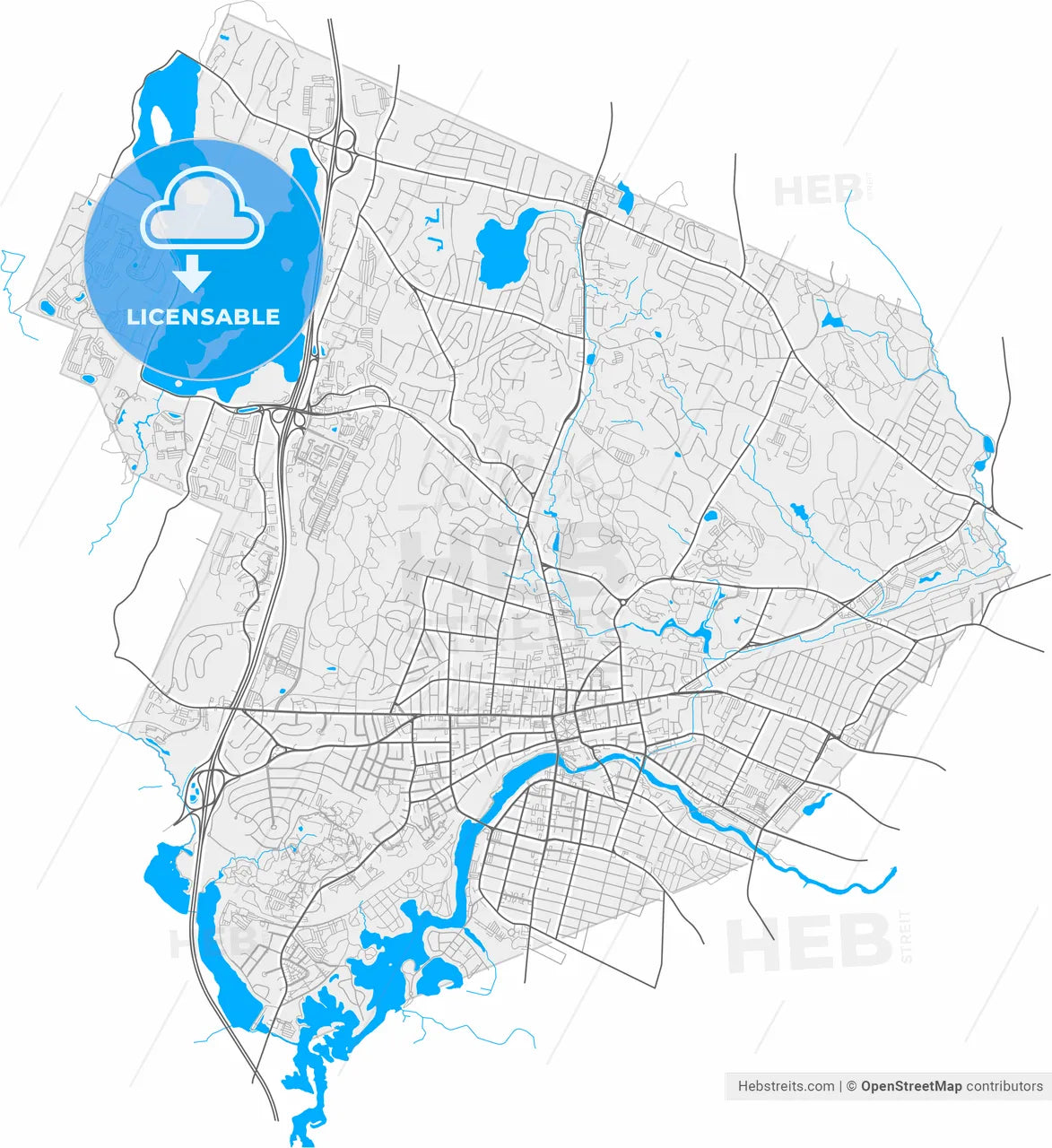 Waltham, Massachusetts, United States, high resolution vector map - Instant download PDF and JPG