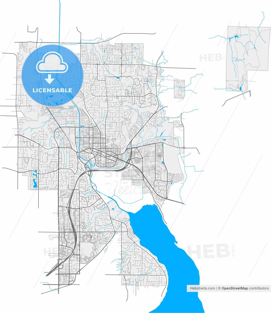 Redmond, Washington, United States, high resolution vector map - Instant download PDF and JPG