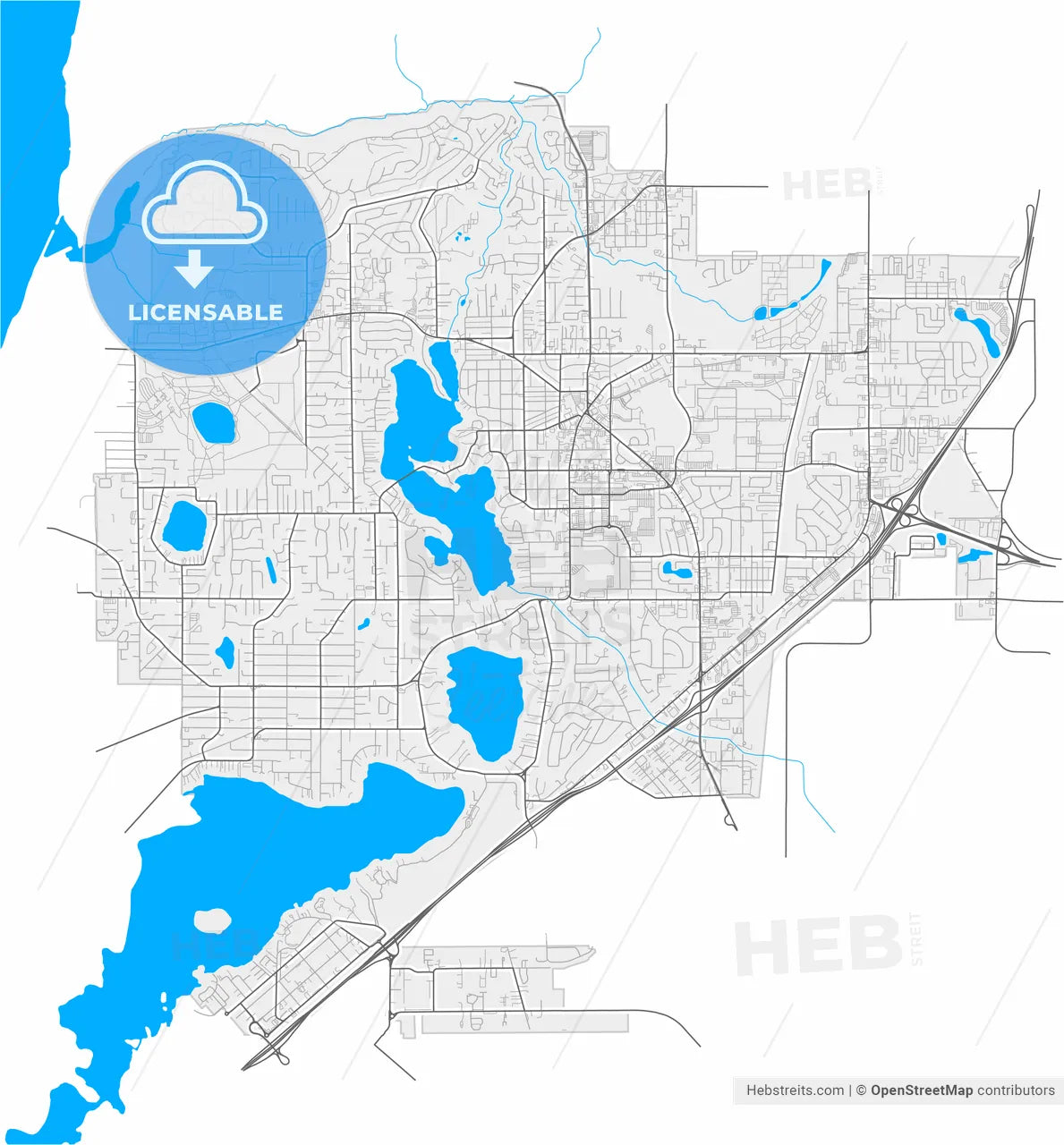 Lakewood, Washington, United States, high resolution vector map - Instant download PDF and JPG