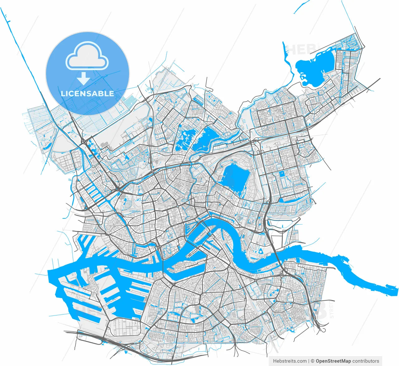 Rotterdam, South Holland, Netherlands, high resolution vector map - Instant download PDF and JPG