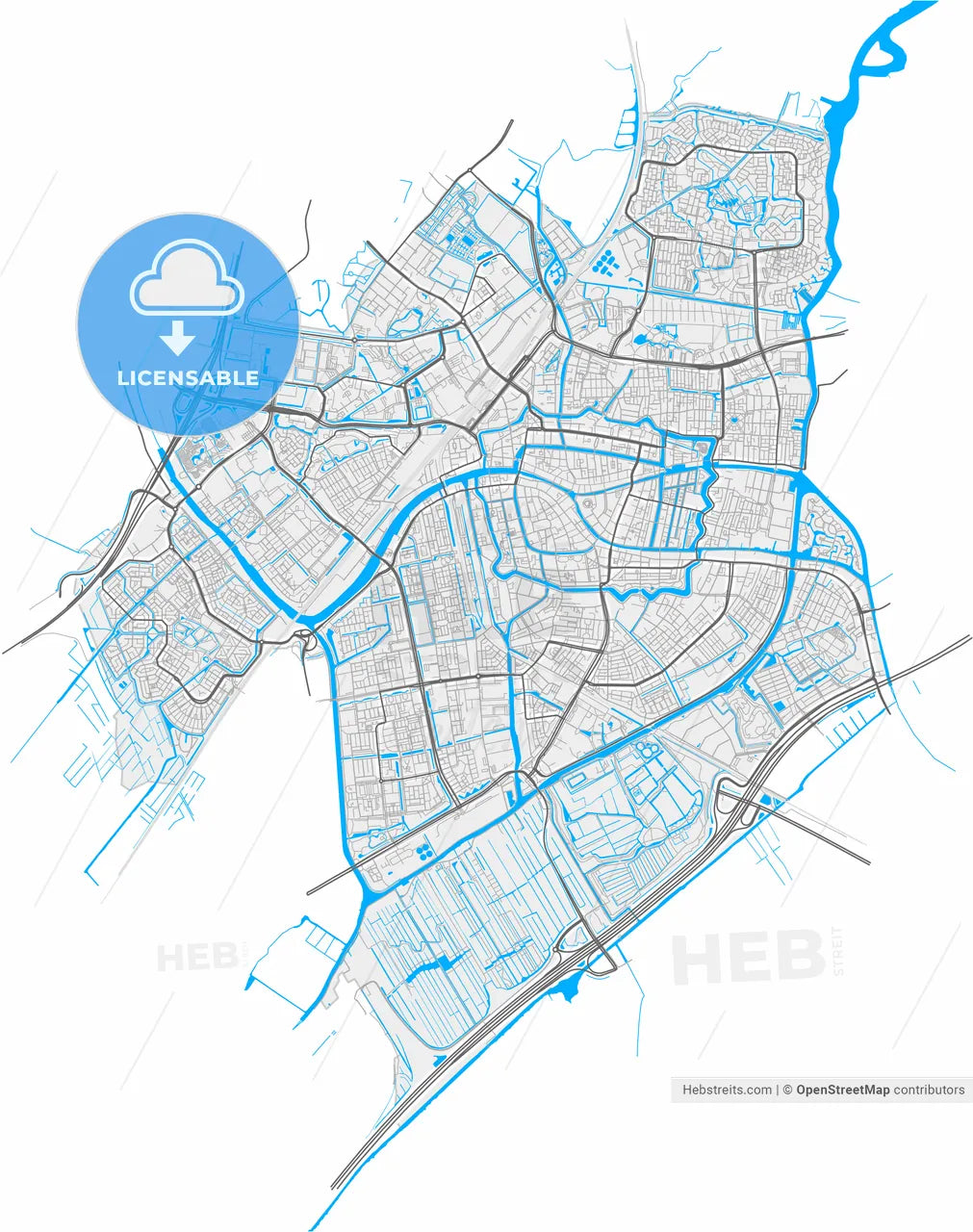 Leiden, South Holland, Netherlands, high resolution vector map - Instant download PDF and JPG