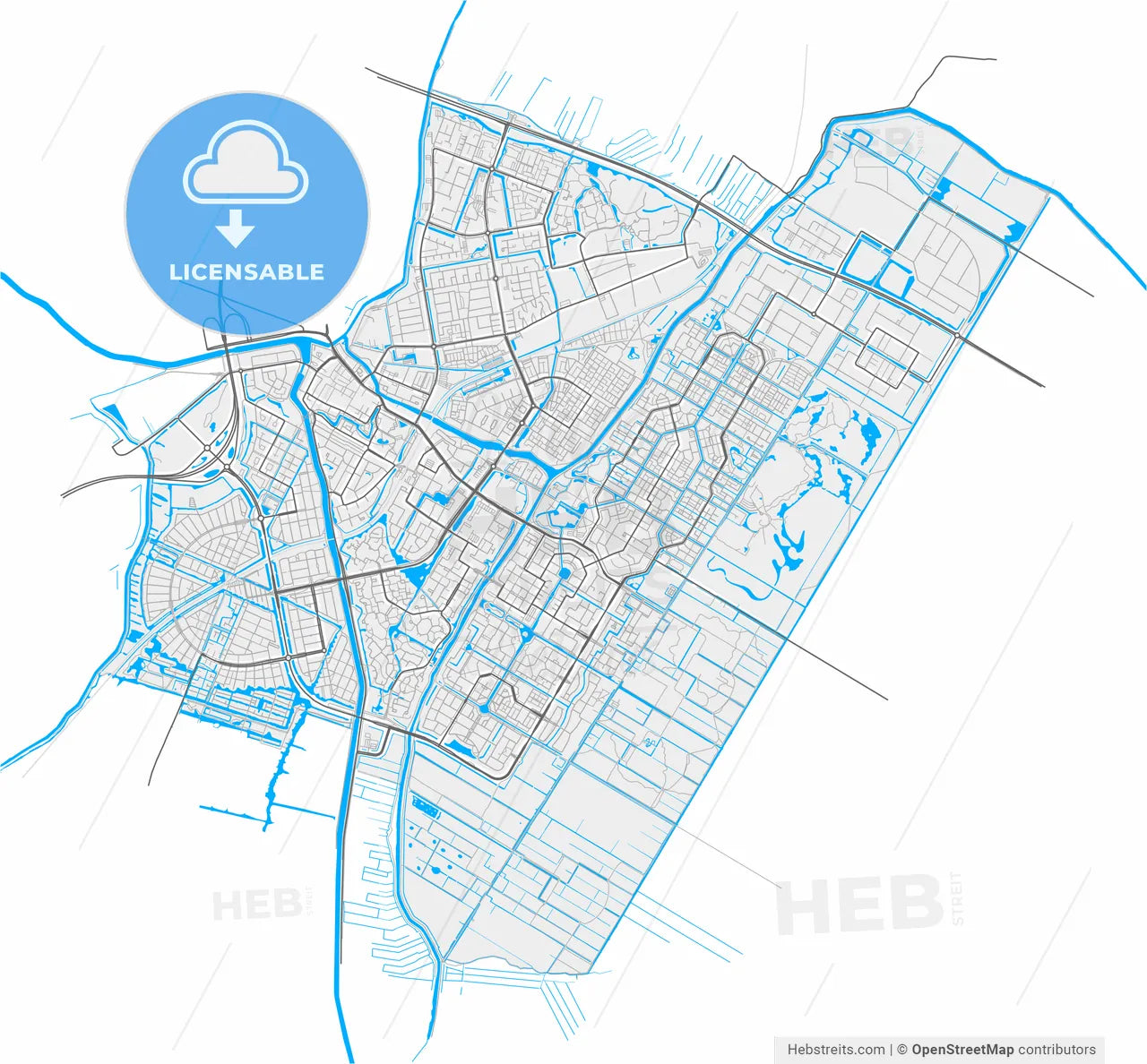 Purmerend, North Holland, Netherlands, high resolution vector map - Instant download PDF and JPG
