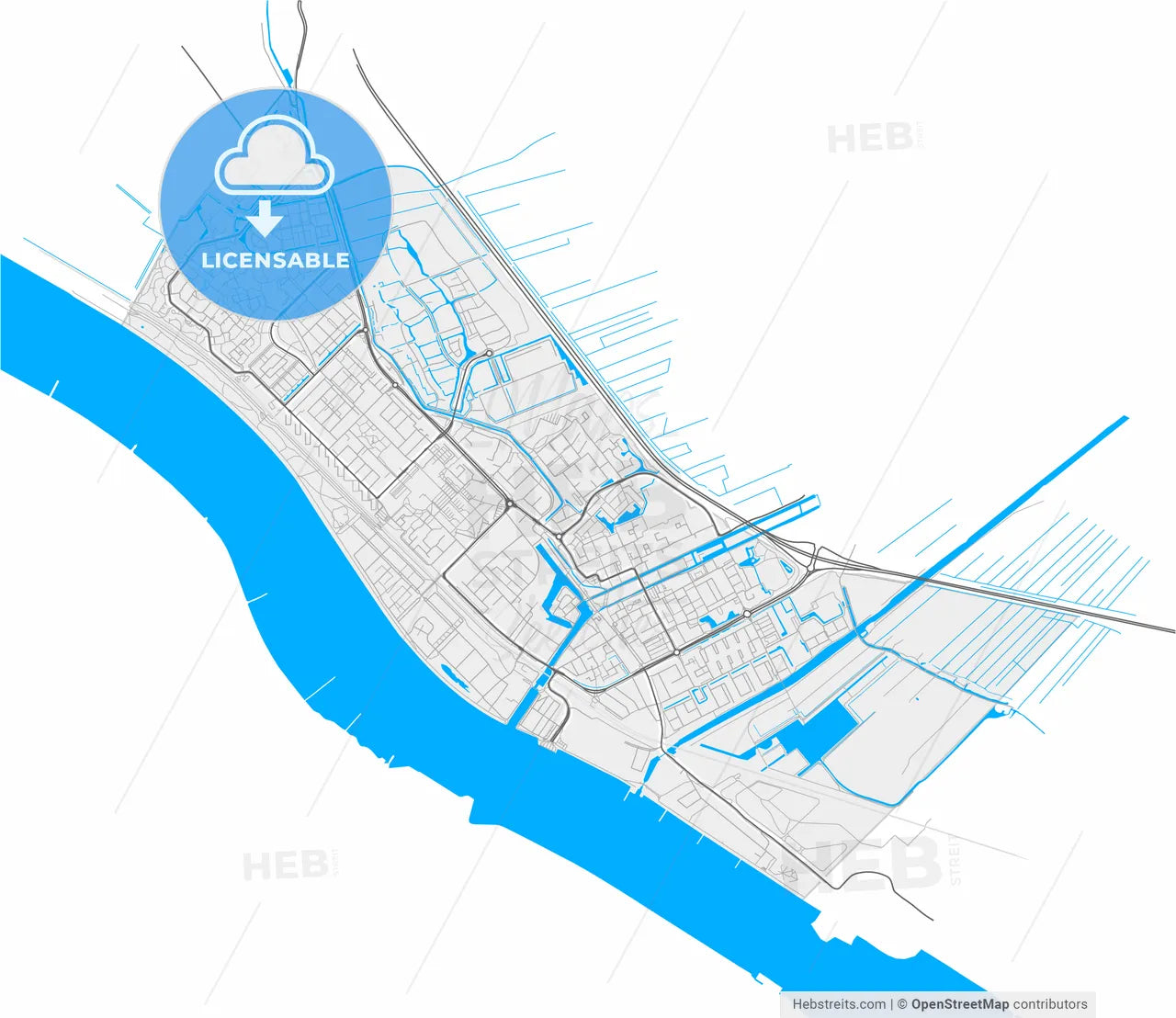 Maassluis, South Holland, Netherlands, high resolution vector map - Instant download PDF and JPG